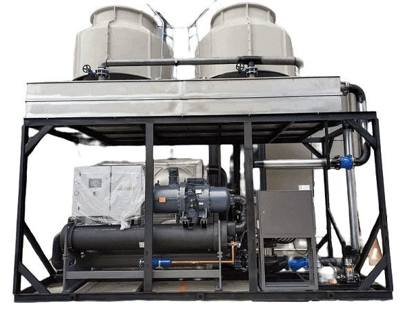100 pk watergekoelde schroeftype lage temperatuur koeler met dubbele Hanbell compressoren voor spuitgietmachine